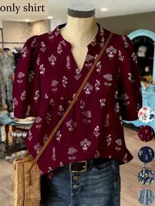 Plus Size Women's Summer Vacation Blouse, Plant Floral V-Neck Top Shirt, Bubble Sleeve Slim Fit, Casual Chic Spring & Fall Wear, Beach & Daily