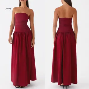 Women Tube Long Dress Ruched Boat Neck Backless Sleeveless Strapless Flowy Dresses