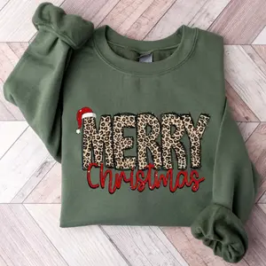 Merry Christmas Sweatshirt, Leopard Printed Christmas Sweater, Women Leopard Christmas Shirt, Christmas Gift Shirt, Christmas Holiday Cotton Tops