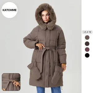 KatchMe Women's Minimalist Solid Color Fluffy Hooded Waist Tie Zipper Thermal Long Outerwear with Gloves, Cozy Jacket for Fall & Winter, Cotton Coat Outfit