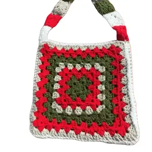 Red Green White Grey Hand Crafted Bag - Crocheted with Colorful Granny Square Design and built in strap