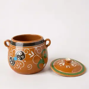 Food Safe Mexican Clay Bean Pot W/Lid, Olla De barro Frijolera Decorada Con Tapa, Cazuela Tradicional Large Cookware Traditional Classic, (1-1.25Gallon) (Olla Jalisco) (Food Safe) (Made In Mexico)