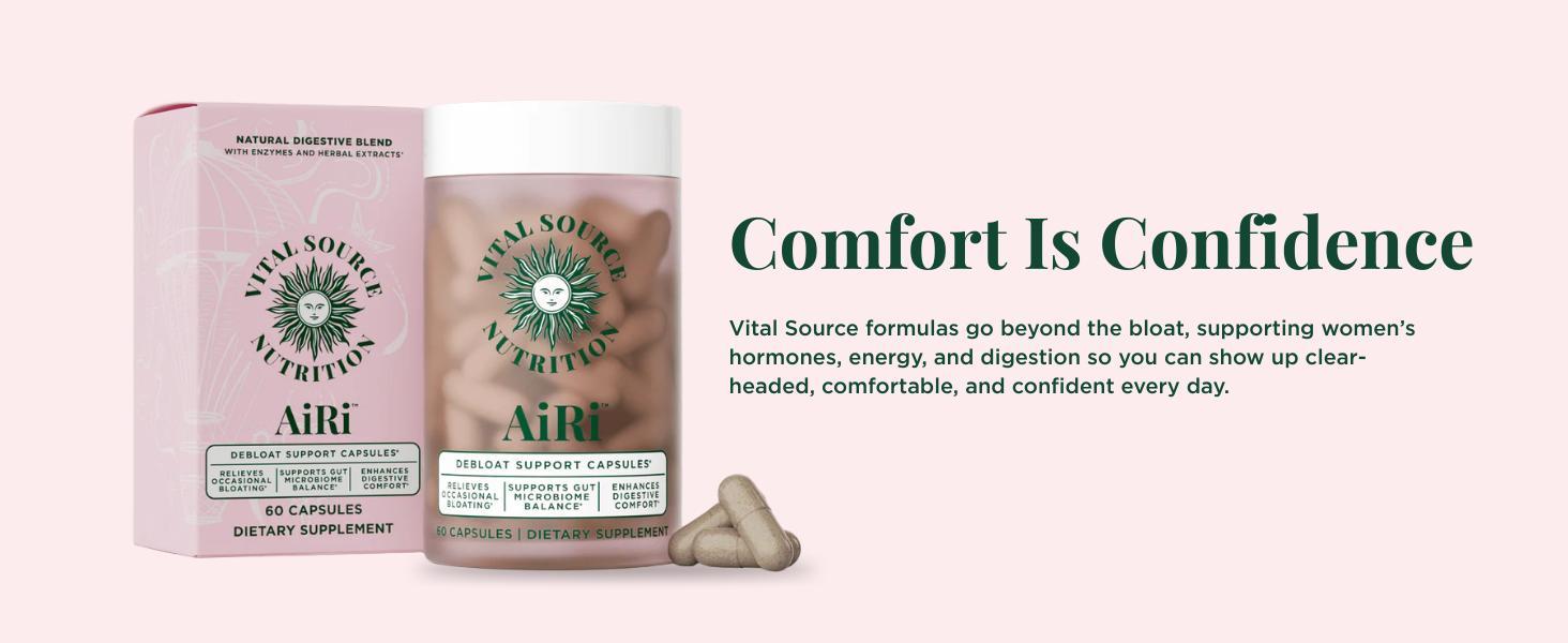 Vital Source Nutrition - AiRi - Debloat Support Capsules - Natural Digestive Blend with Enzymes & Herbal Extracts - Supports Gut Balance & Digestive Comfort - Supplements for Women - 30 Servings