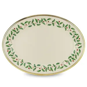 Lenox Holiday 16" Oval Ivory Bone Serving Platter with Gold Rim