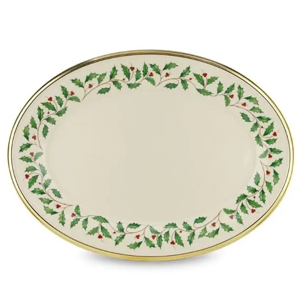 Lenox Holiday 16" Oval Ivory Bone Serving Platter with Gold Rim