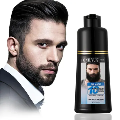 Men's 3-in-1 Beard Dye Shampoo with Argan Oil, Plant Extracts, Noni Fruit - 6.76 fl oz Semi-Permanent, Alcohol-Free, No Bleach, 10-Minute Color for Hair, Mustache, Conditioning Care for Adults (All Beard Types, Normal & Curly Hair)