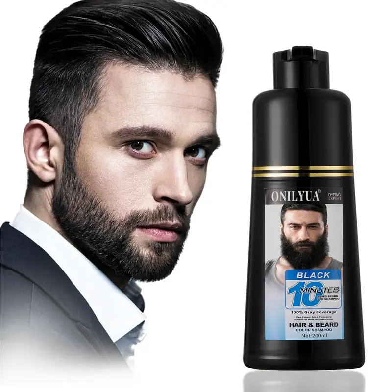 Men's 3-in-1 Beard Dye Shampoo with Argan Oil, Plant Extracts, Noni Fruit - 6.76 fl oz Semi-Permanent, Alcohol-Free, No Bleach, 10-Minute Color for Hair, Mustache, Conditioning Care for Adults (All Beard Types, Normal & Curly Hair)