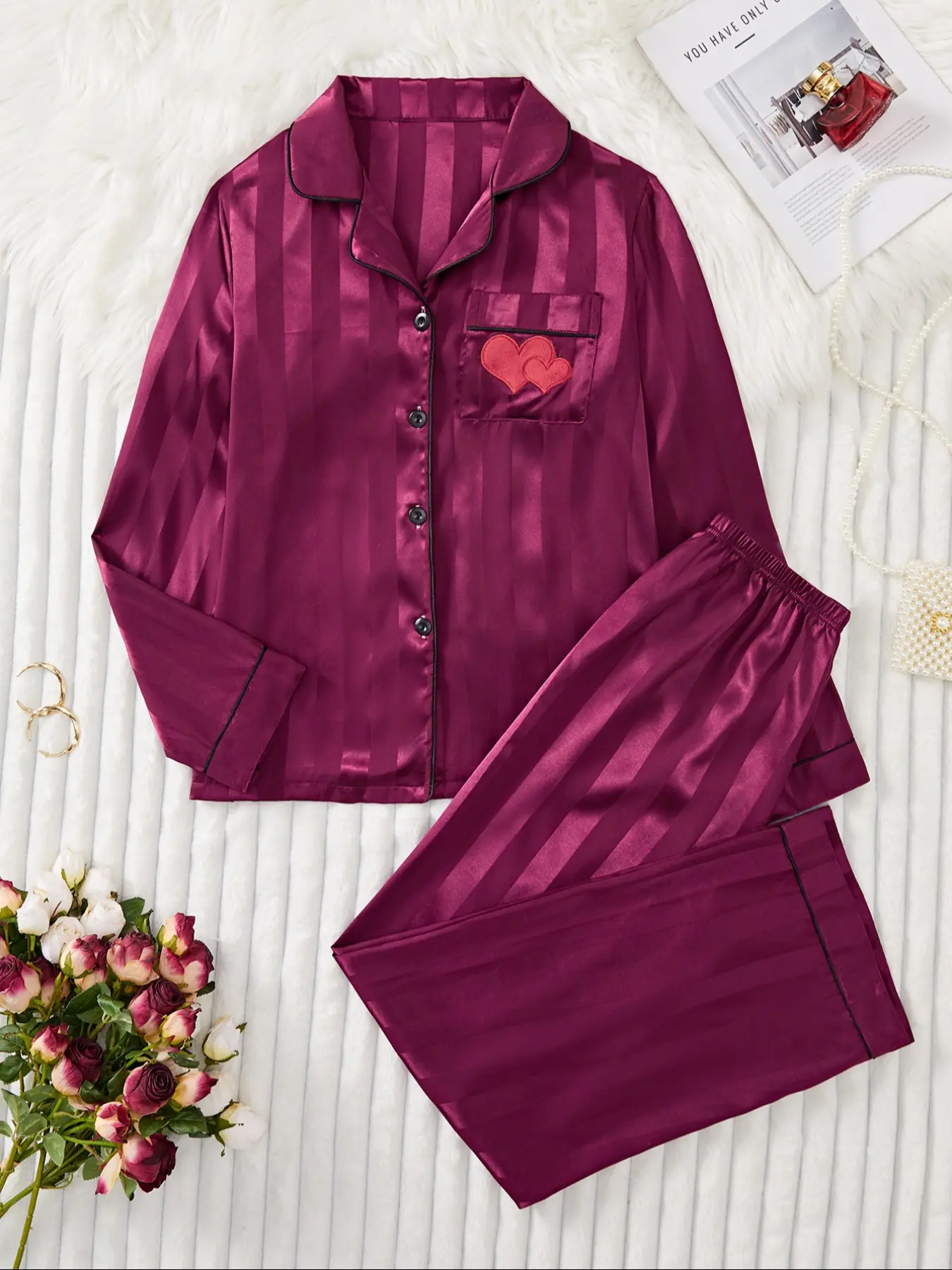 Women's Wine Striped Ice Silk Sleepwear Set, Heart Embroidered Pocket, Long Sleeve Long Pants Homeewear Two-Piece Suit