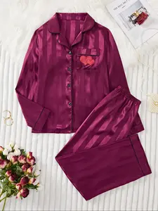 Women's Wine Striped Ice Silk Sleepwear Set, Heart Embroidered Pocket, Long Sleeve Long Pants Homeewear Two-Piece Suit