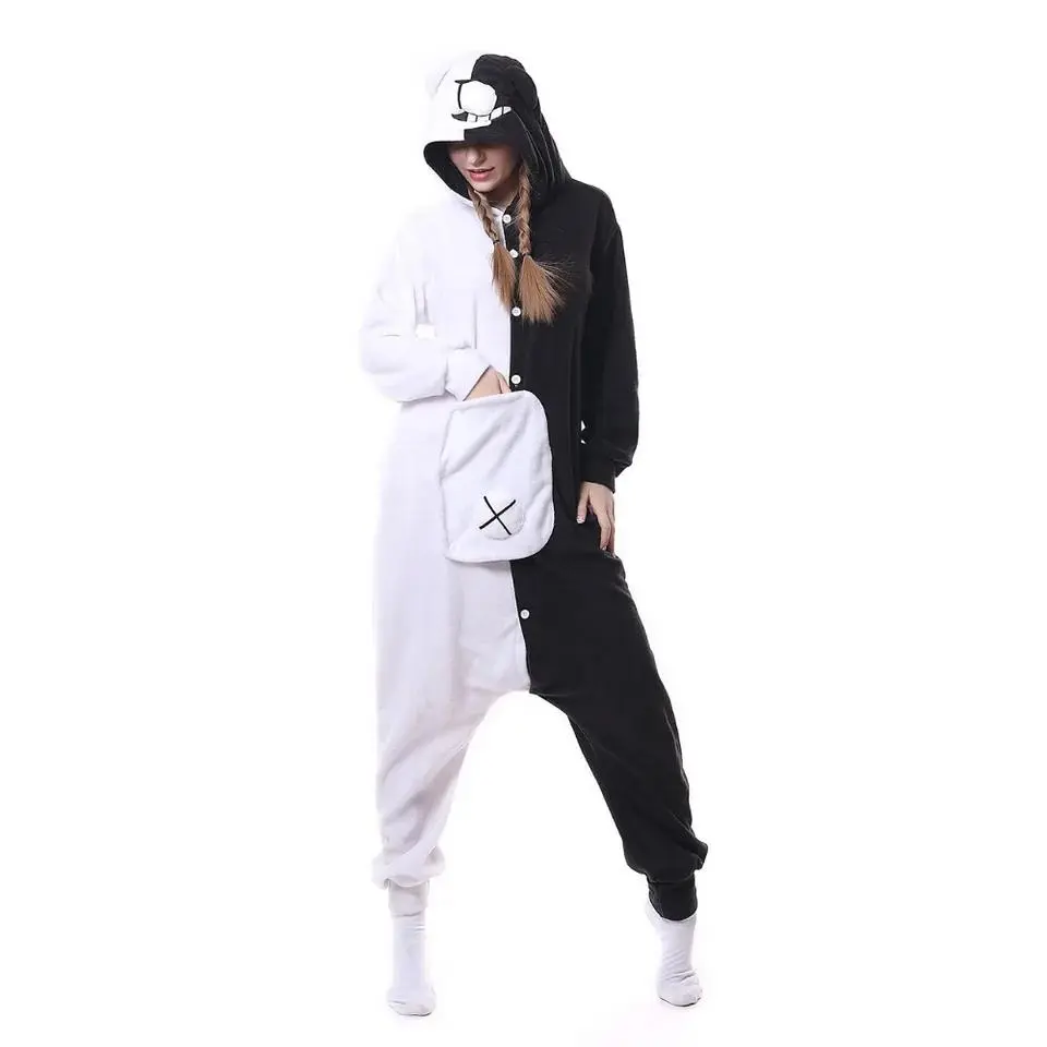 Adult Kigurumi Bear Animal Pajamas Black White Bear Monokuma Onesies Cosplay Costume Party  Jumpsuits Christmas