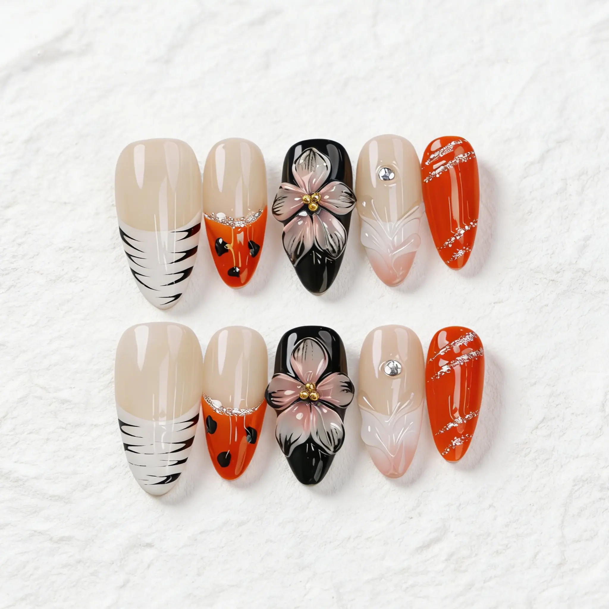 Wild Tiger 3D Floral Press Ons | Orange Glitter Stiletto Nails