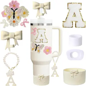 13PCS White Stanley Cup Accessories Set 30oz 40oz Tumbler with Handle, Including Handle Charm, Personalized Initial Sticker, Straw Topper, Silicone Boot, Spill Proof Stopper(WHITE A)