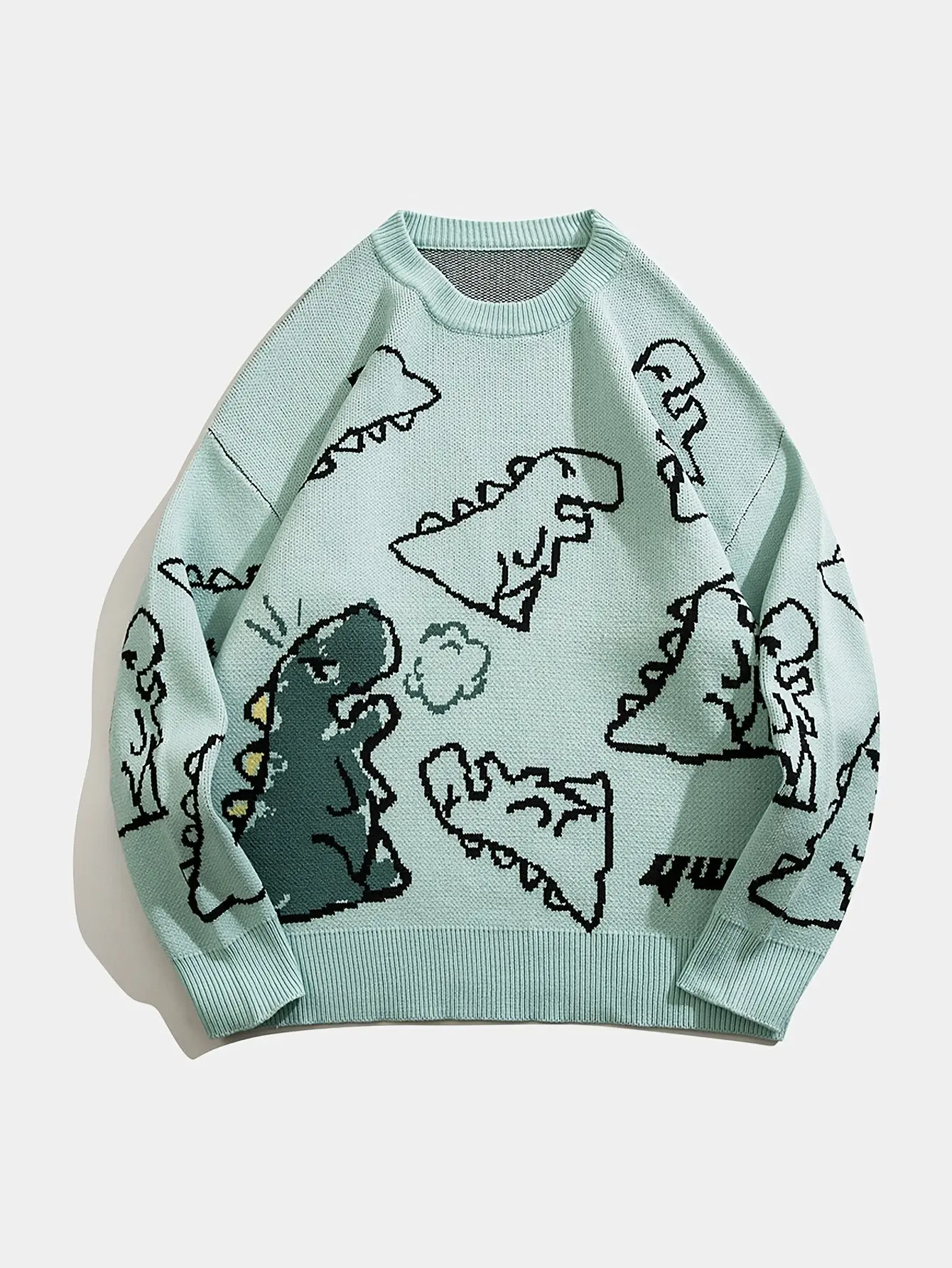 YWFG Unisex Casual Loose Fit Sweater - Black with Blue Dinosaur 