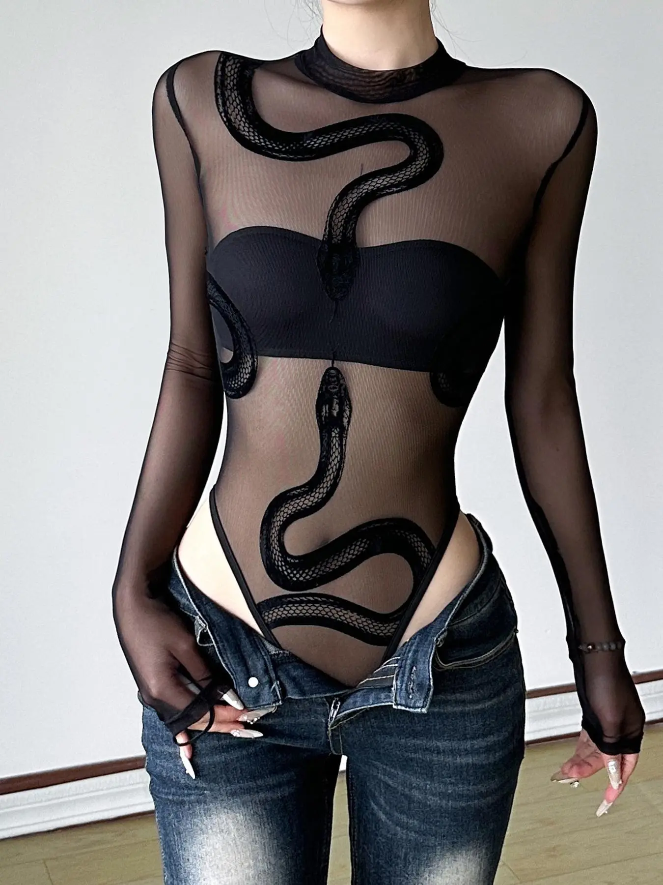 Sheer Velvet Snake Print Mesh Bodysuit Sexy Slim Fitting All In One for Summer Elegant and Bold Fashion Statement