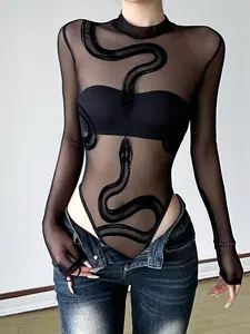 Sheer Velvet Snake Print Mesh Bodysuit Sexy Slim Fitting All In One for Summer Elegant and Bold Fashion Statement