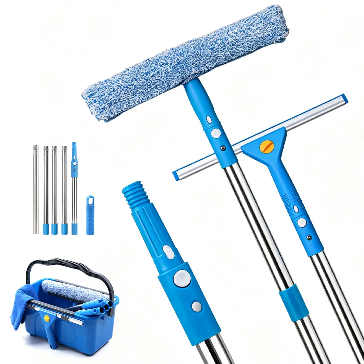 Multi-Function Glass Cleaning Kit Bundle - 75.9in Extension Pole, Streak-Free Squeegee, Microfiber Scrubber, Modular Storage Bucket - Indoor/Outdoor Tool for High Windows, Car Windshield