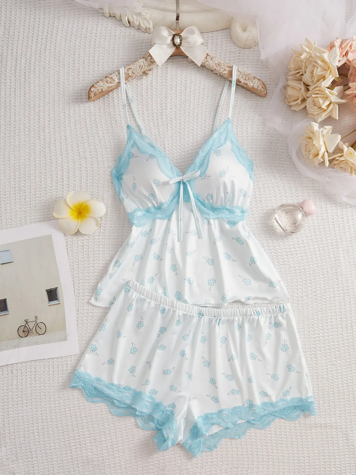 Sweetheart 2-Piece Set Tank Top + Shorts, Comfortable Home Sleepwear, Cute Style, Sleeveless, Spaghetti Strap, All Seasons, Fitted, Plants Pattern, Floral, Lace Lingerie Set
