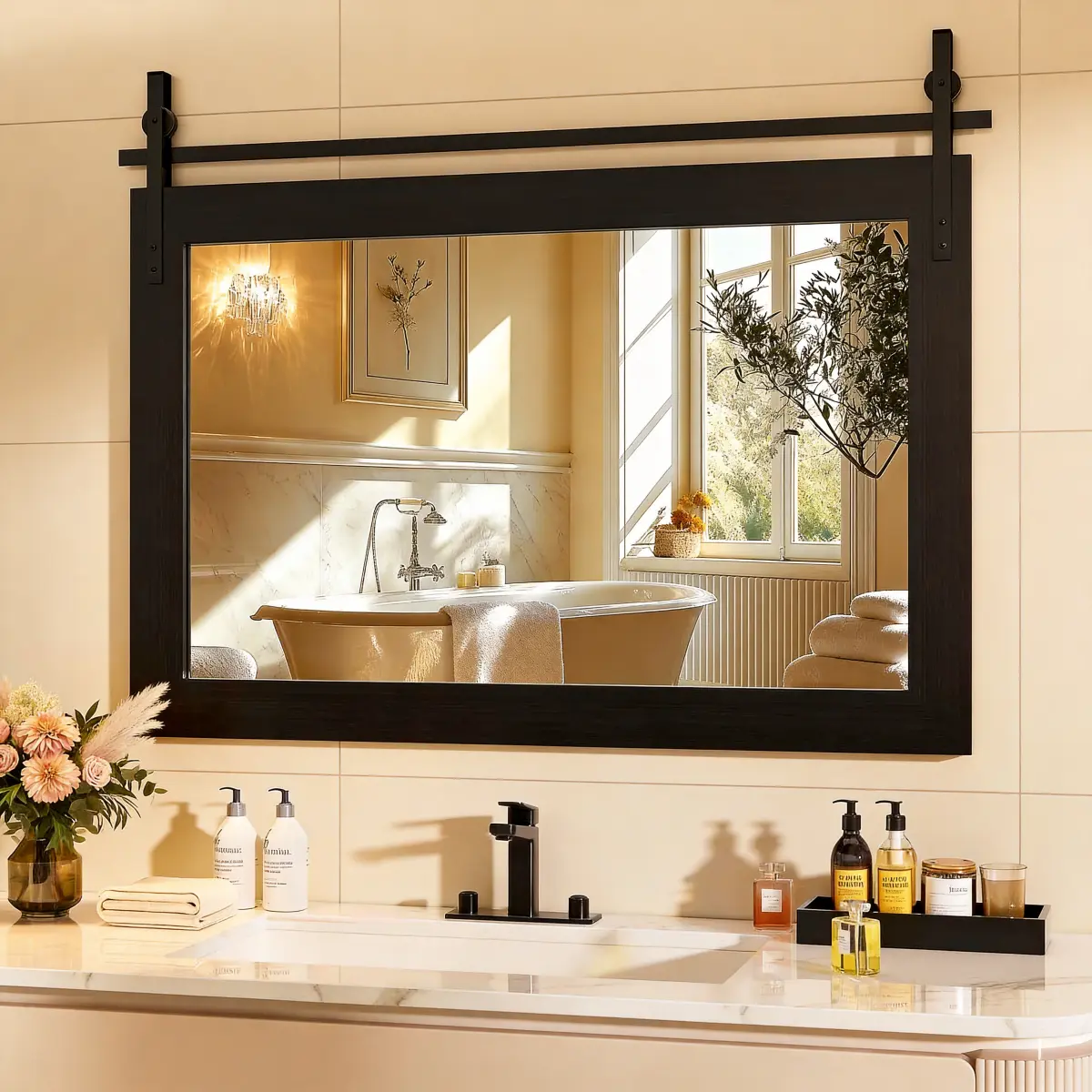 Farmhouse Bathroom Mirror, 40"x26" Rustic Wood Framed Wall Mounted Mirror, Black Vintage Vanity Mirror Barn Door Style Decrative Mirrors