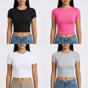 Woman Solid Cotton Crop Tops Short Sleeve High Elastic T-Shirt Soft O-Neck Sporty Tees Summer Street Fashion Female Clothes
