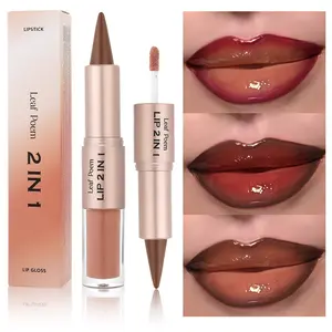 Double-Ended Lip Gloss with Matte Lip Liner and Mirror Finish, Moisturizing Nude Beige Shades for Daily Makeup, Elegant Gift for Women, Radiant
