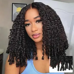 [Burmese V Part] Dachic Hair Burmese Curly Human Hair V Part Wigs for Women Drawstring Seamless Flip Wear Go Glueless Wigs Hair Wigs with Drawstring and Spiral End Glueless Clip-in Half Wigs for Black Friendly Natural Black