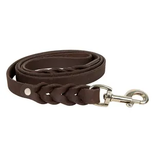 Leather Dog Leash - Brown Leather with Metal Clip, Adjustable Length, Durable Design for Dog Use