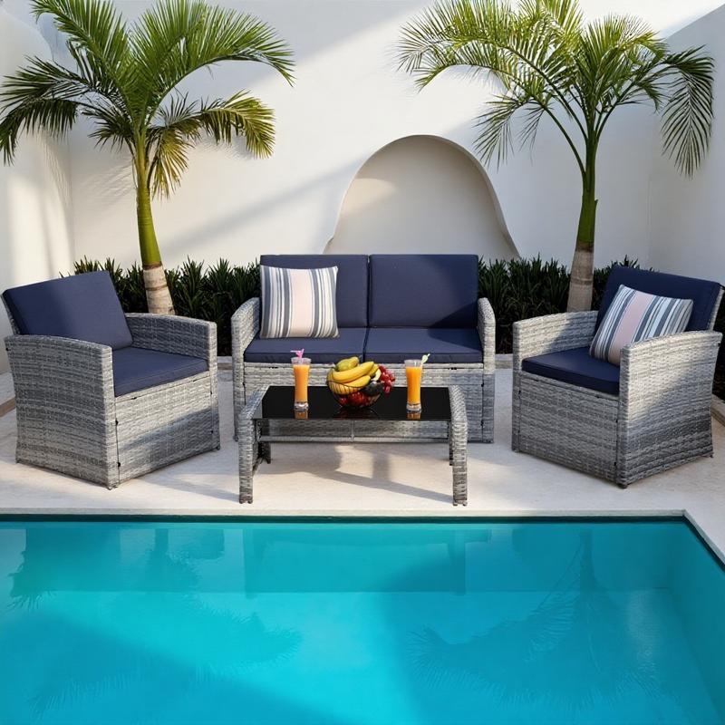【Restock】Murago 4 PiecePatio Furniture Set, Wicker Outdoor Conversation Sets, Patio Furniture with Matching Wicker Coffee Table, Sofa, and 2 Chairs,Grey Rattan with Navy Blue Cushion