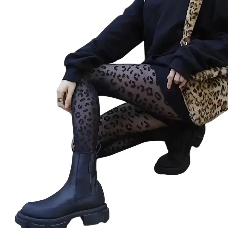 Vintage Women Sexy Thin Transparent Silky Pantyhose Gothic Black Sexy Leopard Animal Pattern Sheer Tights Seamless Stockings Curvy Womenswear