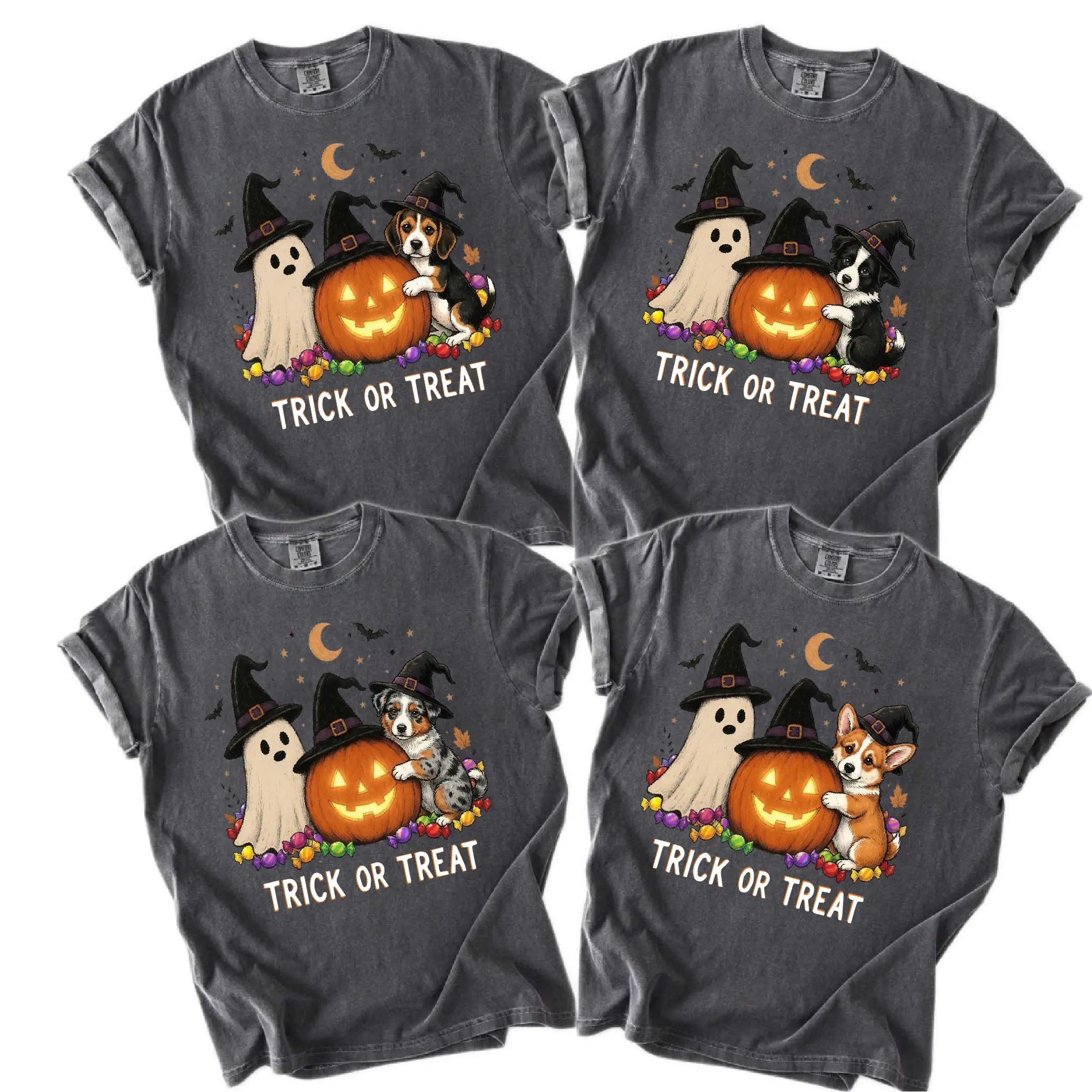 Custom Dog Breed Comfort Colors Halloween Shirt | 50+ Dog Breeds Ghost & Pumpkin Graphic Tee | Cute Witch Dog Trick or Treat Gift