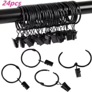 12/24/36 Pack Black Metal Shower Curtain Rings with Clips 1.26 Inch (3.2 cm) Interior Diameter, Fits up to 1.2 Inch Rods, Heavy-Duty Rustproof Decorative Vintage Eyelet Hangers for Drapery, Shower Curtains, Lights, Craft Projects, and Rod Hangers