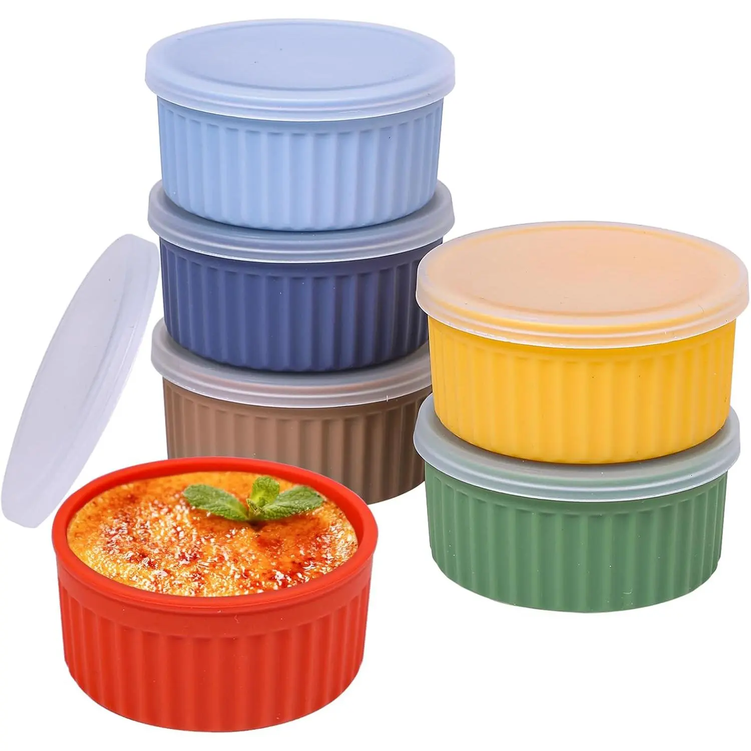 Nonstick Silicone Ramekins 4 oz with Lid, 6-Pack Oven Safe Creme Brulee Bowl for Baking, Mini Souffle Ice Cream Dessert Pudding Dipping Sauce Cups, BPA Free, Microwave, Freezer, Dishwasher Safe
