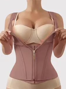 1 Count Women's Zipper and Hooks Double Compressing Shaper Vest, Tummy Control Shapewear Top with Adjustable Shouder Strap, Fajas, Solid Color Hourglass Curves Waist Trainer, Suitable for Various Occasions & Gym