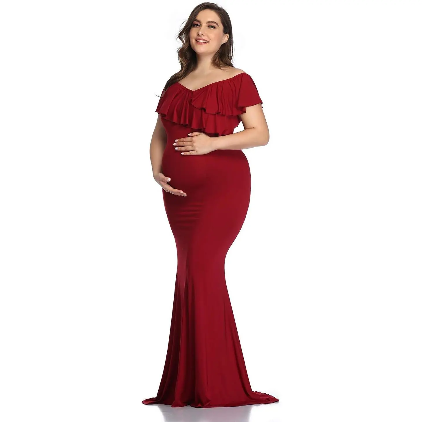 Long Maternity Dress for Photoshoot Stretchy Pregnancy Ruffle Maxi Photography Dress for Baby Shower