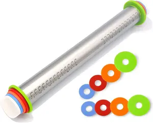 Adjustable Rolling Pin with Thickness Rings for Baking,17" Stainless Steel Dough Roller,Measurement Markings Rolling Pins For Pizza, tortilla,Pie,Pasta,Fondant,Cookies, for Chefs &  Bakers