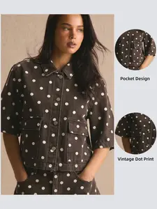 Women's Polka Dot Denim Shirt, Casual Loose Fit Short Sleeve Top, Daily Street Style, All Seasons Outerwear