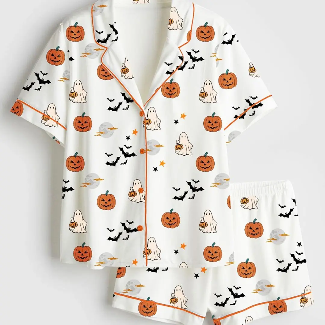 Spirit Halloween Pjs, Pumpkin Boo Satin Pajamas, Silky Spooky Season Sleepwear, Cute Witchy Ghost Short Sleeve Loungewear Cozy Gift Set