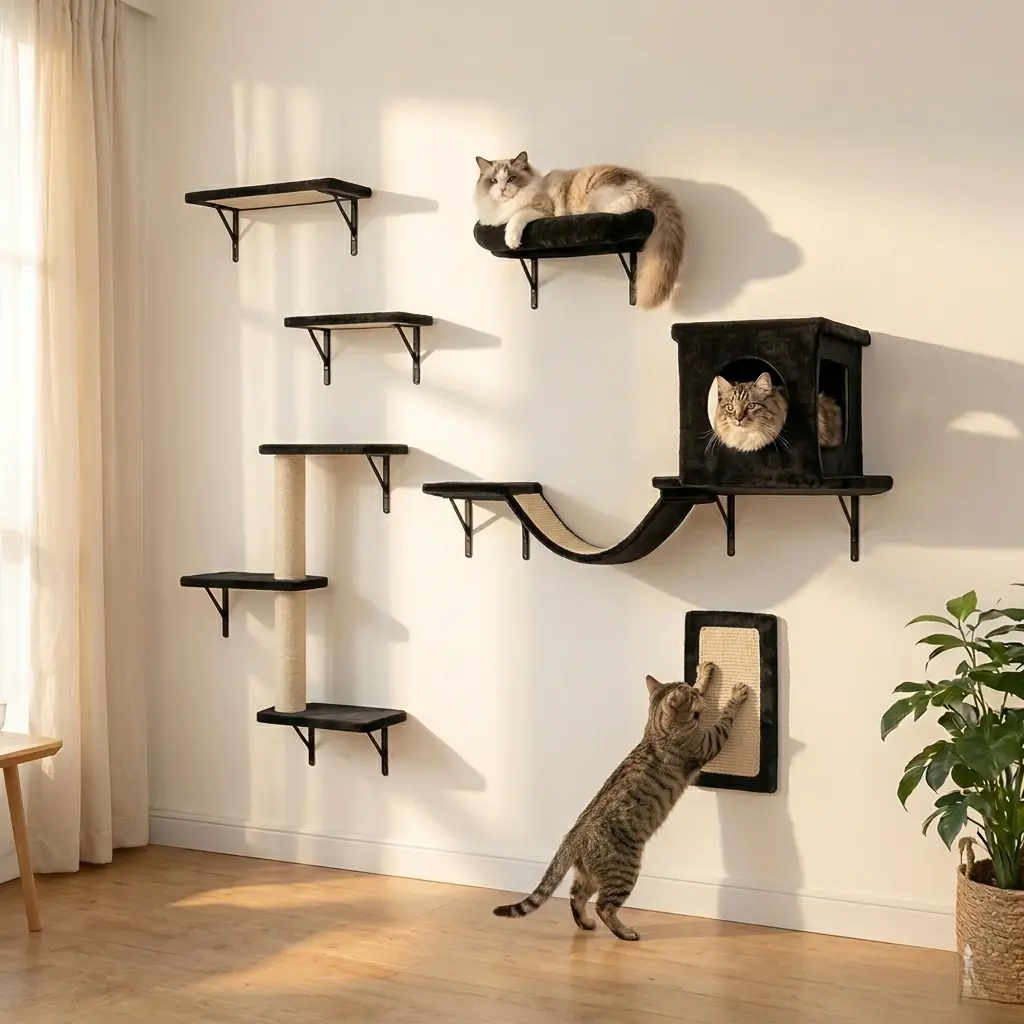 6 PCS Wall-Mounted Cat Condo Climbing Sets - Classic Vertical Space-Saving Multi-Level Cat Furniture with Sisal Scratching Post, Connecting Bridge, Interactive Toy