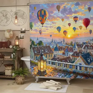 Vintage Hot Air Balloon Bath Curtain, Dreamy European Town Design, Soft Polyester, High-Definition Print, Romantic Bathroom Decor