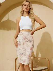 Vintage Oil Painting Rose Bodycon Skirt, Light Mature Elegant High Waist, Office Intellectual Midi Skirt