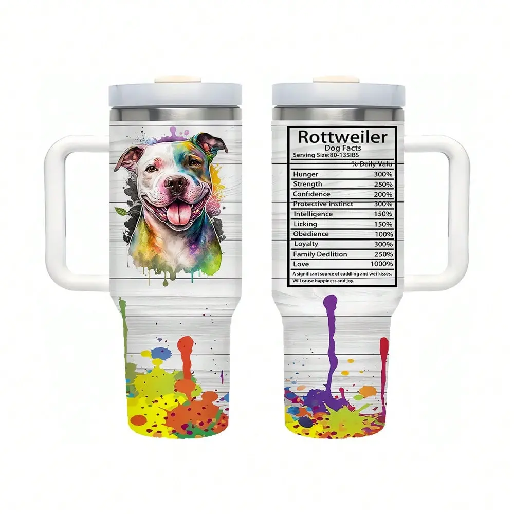 40oz Large Leak-Proof Rottweiler Stainless Steel Insulated Vacuum Flask Tumbler (1,000-2,000 ml) - Portable Travel Mug with Handle, Straw Lid, Watercolor Rottweiler Nutritional Facts Design for Dog Lovers, 7-12 Hours, Modern