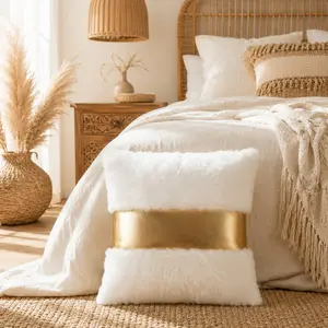 Plush Gold Foil Pillow Cover, Bohemian Style Cushion, Long Plush Metal Texture Design, Bedroom Sofa Decor, Luxury Home Furnishing