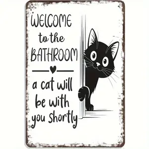 Bathroom Decor- Vintage Metal Sign 8 x 12 Inch "Welcome to the Bathroom- Cats Are Coming Soon"- Black Cat Peeking Door Design- Suitable for Bathroom, Living Room, Office Decor- No Wiring Required- Pet Lover Gift- Durable Wall Art
