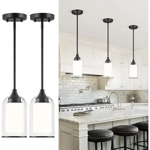 2 Pack Pendant Lights Kitchen , Dual Glass Pendant Lights, Black  Lamp with Clear and Milk Glass, Industrial Pendant Light Fixtures for Dining Room PL02BK-2PK