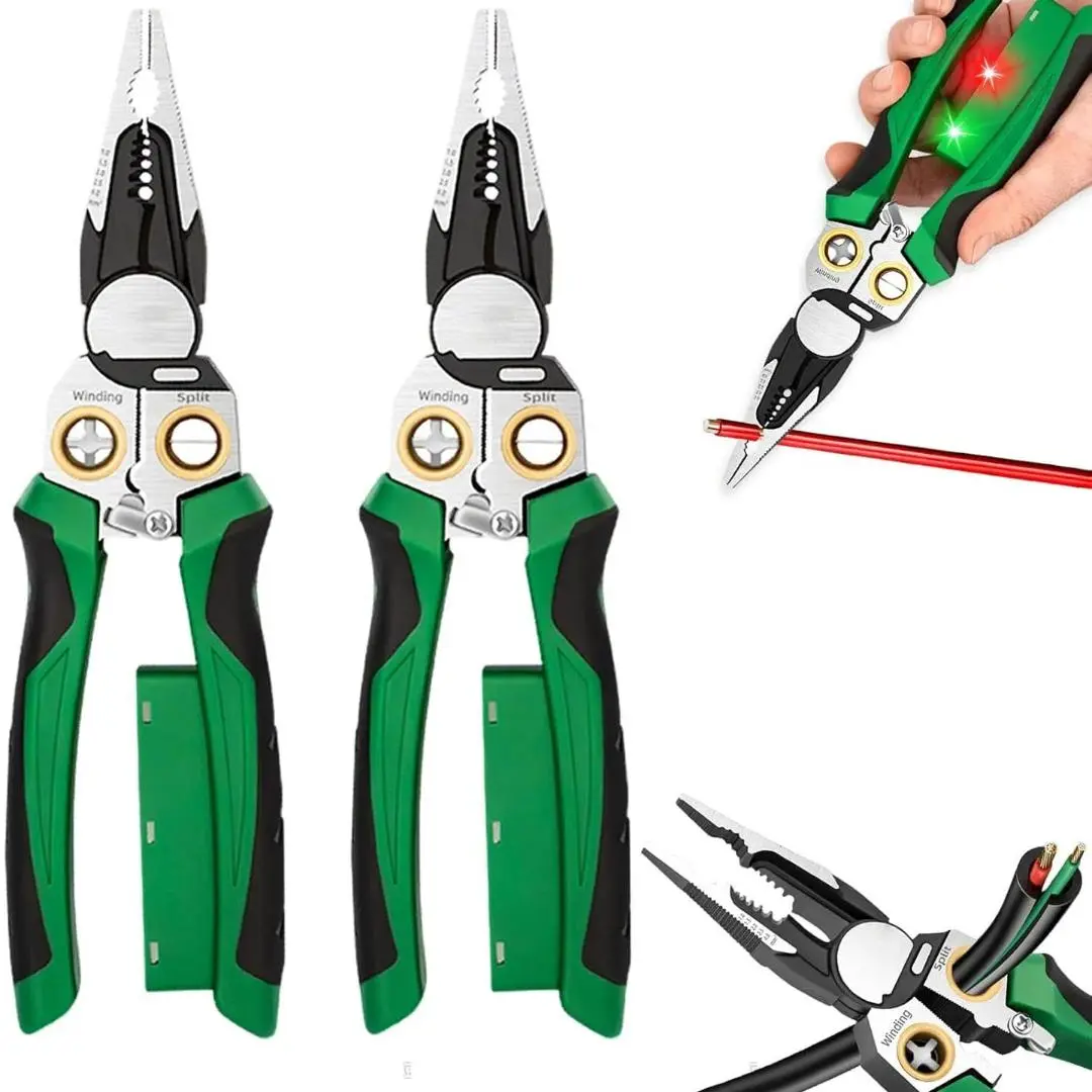 2pcs Compact Metal 8-in-1 Wire Stripping Pliers with Voltage Tester, Multi-function Electrician Hand Tools for AWG 18-4mm² Cable Cutting & Stripping, Green DIY Wirecutters for DIY Enthusiasts