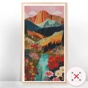 Scenery Mountain Flower Pattern Cross Stitch Embroidery Kit, 1 Set DIY Cross Stitch Kit for Beginner, Cross Stitch Adult Handicraft Product with Tools