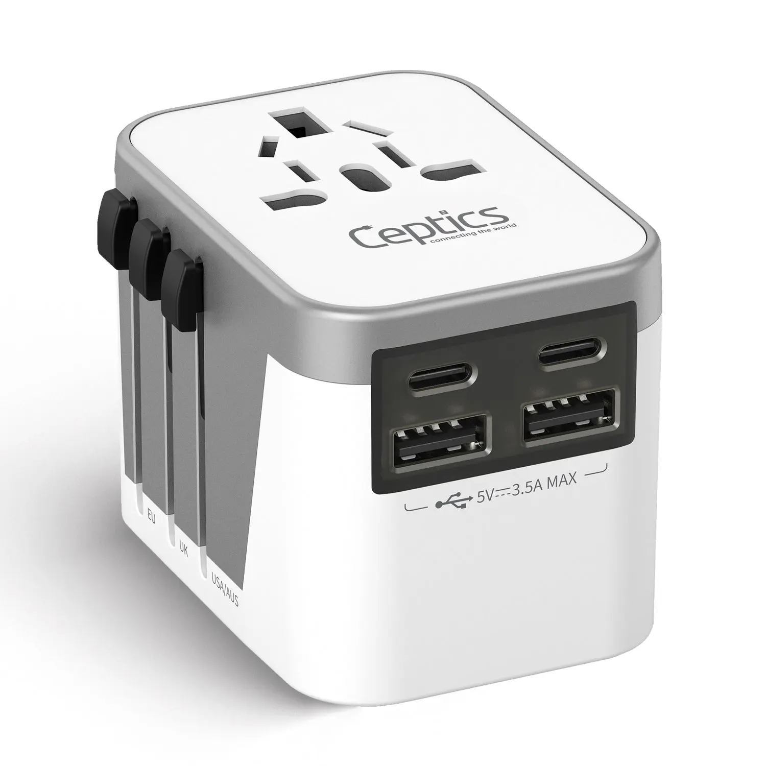 5 in 1 Universal Travel Adapter - 2 USB-A + USB-C - Max. 17.5W (3.5A) - White (UP-9KU)