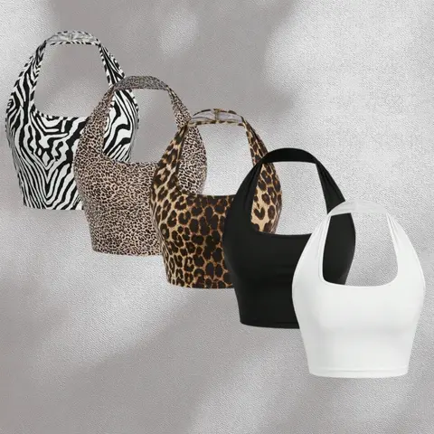 Women's 5-Piece Fashion Halter Neck Crop Tops, Leopard Zebra Print and Solid Color Slim Fit Tank Top Sets, Casual Chic Sleeveless Tops for Summer, Casual Sleeveless Cropped