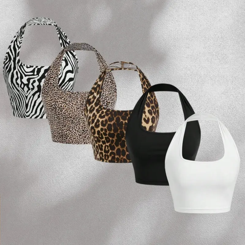 Women's 5-Piece Fashion Halter Neck Crop Tops, Leopard Zebra Print and Solid Color Slim Fit Tank Top Sets, Casual Chic Sleeveless Tops for Summer, Casual Sleeveless Cropped