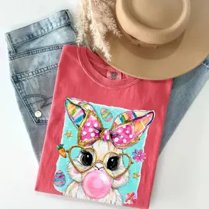 Comfort Color Easter Bunny T-shirt, Bunny Blowing Bubblegum, Brushstroke Shirt, Easter Shirt, Spring Clipart, Cute Easter Shirt, Coquette Easter Day. - EVA RAMOS