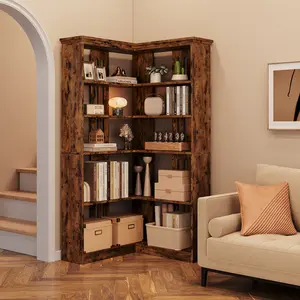 Corner Bookcase with Mixed Material Frame, Spacious Farmhouse Storage Tower for Living Room or Study, Open Display Shelves